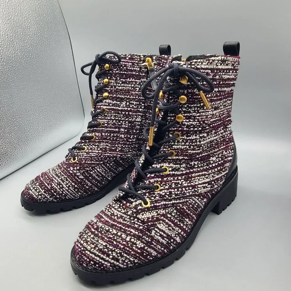 Tory Burch Boots Tweed Wool Lug Sole Combat Chunky Block Heel Zipper Sz 7.5 NEW